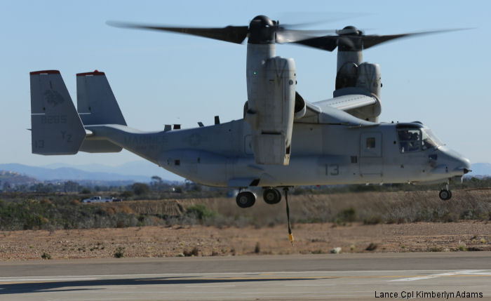 Detailed history and photos of helicopter Bell MV-22B Osprey Serial D0202 Register 168285 used by US Marine Corps USMC Track service timeline and current status.