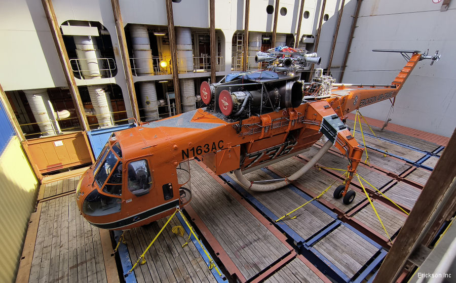 Detailed history and photos of helicopter Sikorsky CH-54B Tarhe Serial 64-093 Register N163AC 70-18485 used by Helicopter Express Inc ,Erickson ,US Army Aviation Army Converted to S-64F Track service timeline and current status.