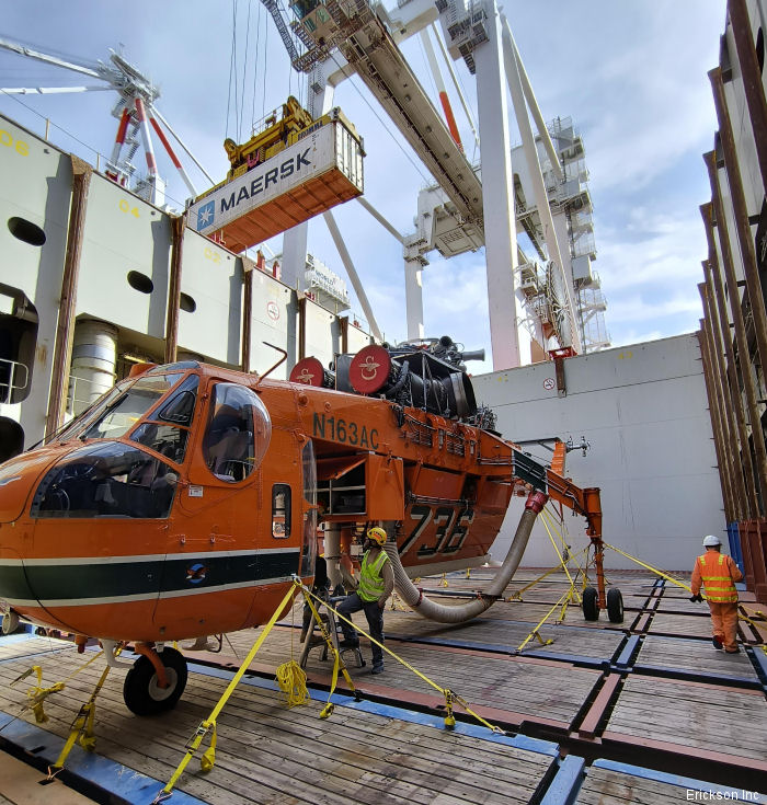 Detailed history and photos of helicopter Sikorsky CH-54B Tarhe Serial 64-093 Register N163AC 70-18485 used by Helicopter Express Inc ,Erickson ,US Army Aviation Army Converted to S-64F Track service timeline and current status.