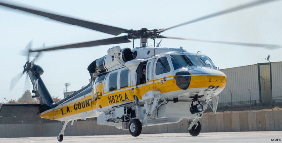 Helicopter Sikorsky S-70i Black Hawk Serial 70-4023 Register N821LA used by LACoFD (Los Angeles County Fire Department) ,PZL Mielec. Built 2017. Aircraft history and location