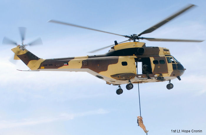 Helicopter Aerospatiale SA330F Puma Serial 1284 Register 555 used by Kuwait Air Force. Aircraft history and location