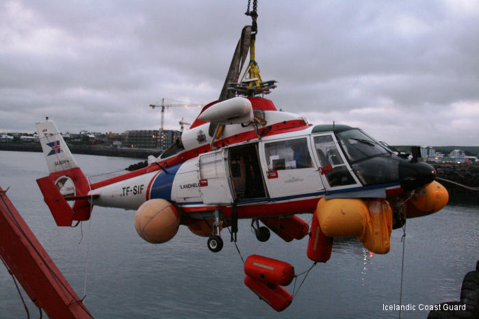 Helicopter Aerospatiale SA365N Dauphin 2 Serial 6136 Register TF-SIF used by Landhelgisgæsla Íslands (Icelandic Coast Guard). Built 1985. Aircraft history and location