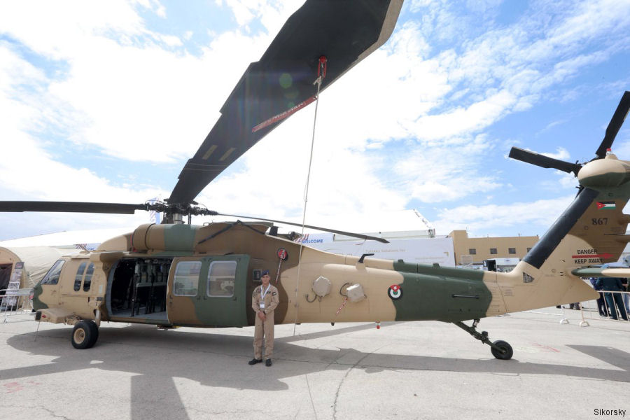 Helicopter Sikorsky UH-60M Black Hawk Serial  Register 867 used by al quwwat al-jawwiya al-malakiya al-urduniya RJAF (Royal Jordanian Air Force). Aircraft history and location