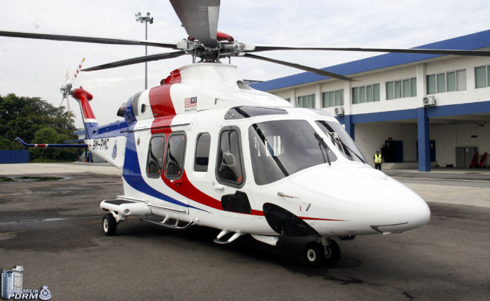 Helicopter AgustaWestland AW139 Serial 31731 Register 9M-PMC used by Polis Diraja Malaysia Polis (Royal Malaysian Police). Built 2016. Aircraft history and location