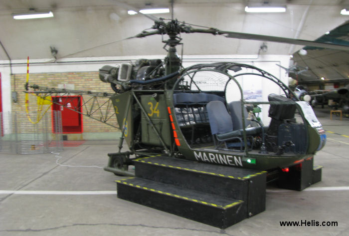 Helicopter Aerospatiale SE3130  Alouette II Serial 1175 Register 02034 used by marinen (swedish navy). Aircraft history and location