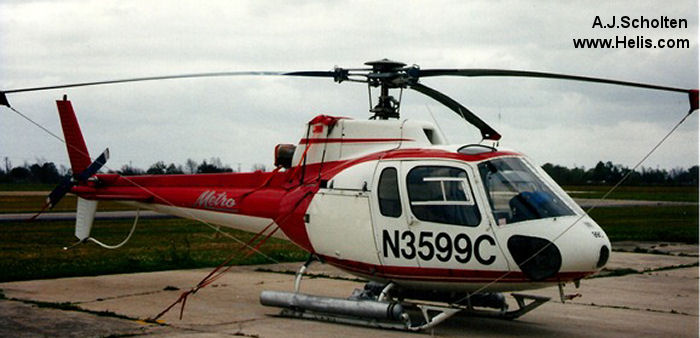 Helicopter Aerospatiale AS350D Astar Serial 1141 Register ZS-RGF N3599C used by American Eurocopter (Eurocopter USA) ,Metro Aviation. Aircraft history and location