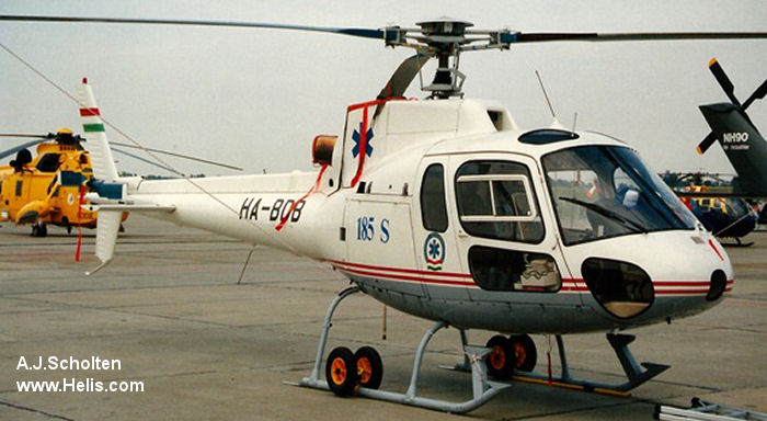 Helicopter Aerospatiale AS350B2 Ecureuil Serial 2607 Register 102 HA-BDB used by Magyar Légiero (Hungarian Air Force) ,OMSZ Légimentő kht (Air Ambulance Hungary). Built 1991. Aircraft history and location