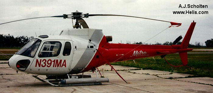 Helicopter Aerospatiale AS350B Ecureuil Serial 2277 Register C-FXAI N311AT C-FEBS C-GZGK N391MA C-GHMS used by Guardian Helicopters ,Metro Aviation. Built 1989. Aircraft history and location