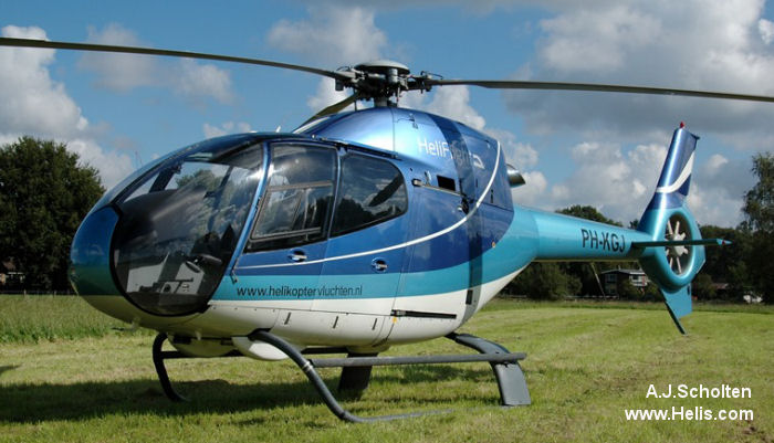 Helicopter Eurocopter EC120B Serial 1265 Register PH-KGJ used by Heli Holland. Built 2001. Aircraft history and location