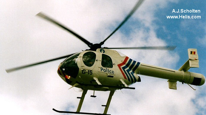 Helicopter McDonnell Douglas MD520N Serial LN087 Register G-15 used by Federale Politie / Police Fédérale (Belgian National Police). Built 1999. Aircraft history and location