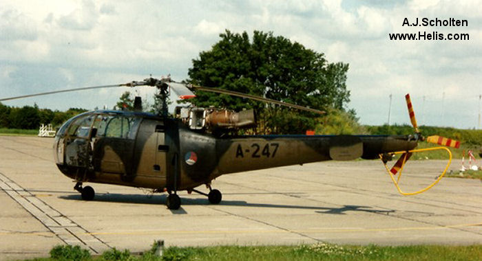 Helicopter Aerospatiale SE3160 / SA316A Alouette III Serial 1247 Register A-247 used by Forzi Armati ta' Malta (Armed Forces of Malta) ,Koninklijke Luchtmacht RNLAF (Royal Netherlands Air Force). Built 1964. Aircraft history and location