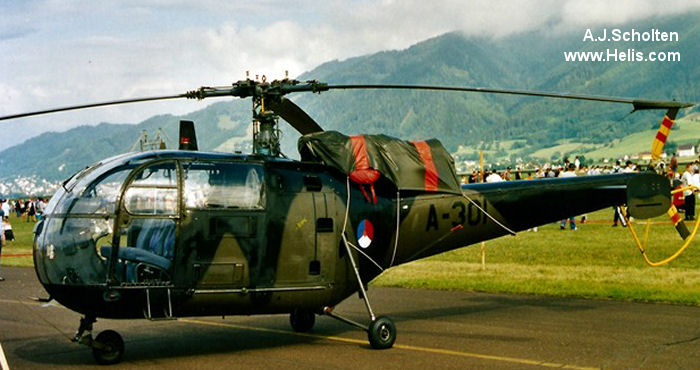 Helicopter Aerospatiale SE3160 / SA316A Alouette III Serial 1301 Register A-301 used by Koninklijke Luchtmacht RNLAF (Royal Netherlands Air Force). Built 1965. Aircraft history and location