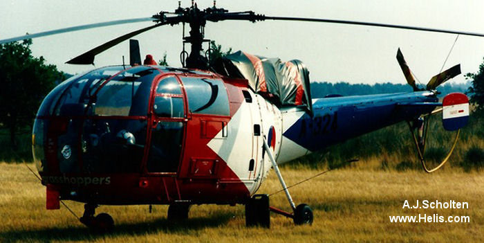 Helicopter Aerospatiale SE3160 / SA316A Alouette III Serial 1324 Register EC-IBC HB-XQD A-324 used by Helicopteros de Catalunya S.A. (helicopters de catalunya ltd) ,Air Zermatt AG ,Koninklijke Luchtmacht RNLAF (Royal Netherlands Air Force). Built 1965. Aircraft history and location