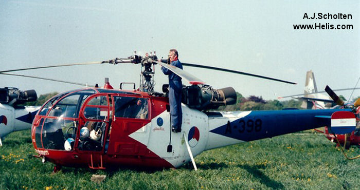 Helicopter Aerospatiale SE3160 / SA316A Alouette III Serial 1398 Register N7251P SE-JCT A-398 used by Roberts Aircraft Company ,Heli Support Sweden (heli support Sweden) ,Koninklijke Luchtmacht RNLAF (Royal Netherlands Air Force) ,Aerospatiale. Built 1966. Aircraft history and location