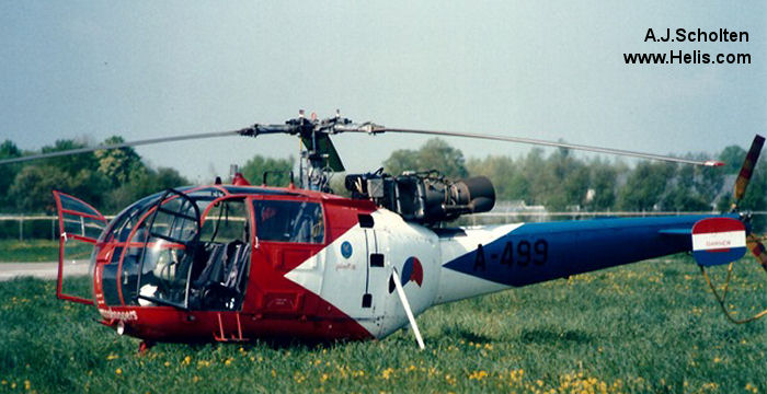 Helicopter Aerospatiale SE3160 / SA316A Alouette III Serial 1499 Register N499RA A-499 used by Roberts Aircraft Company ,Koninklijke Luchtmacht RNLAF (Royal Netherlands Air Force). Built 1968. Aircraft history and location