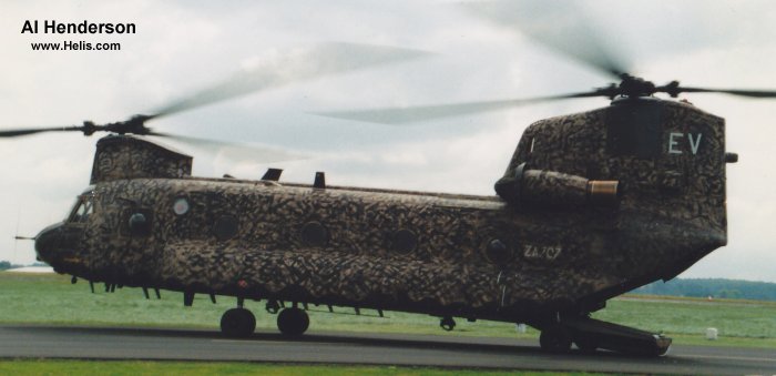 Helicopter Boeing-Vertol CH-47C Chinook Serial b-837 Register ZA707 N37040 used by Royal Air Force RAF ,Boeing Helicopters. Aircraft history and location