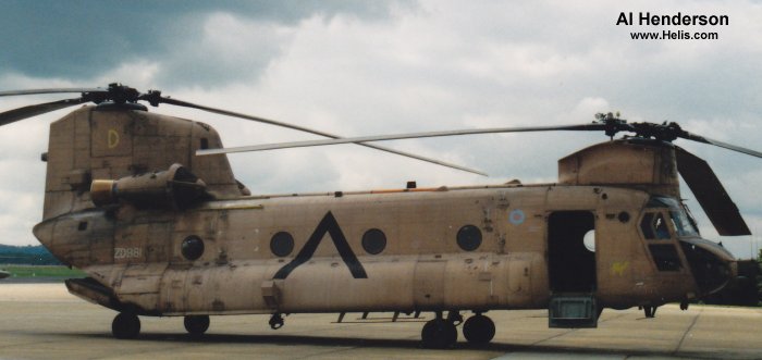 Helicopter Boeing-Vertol CH-47C Chinook Serial b-873 Register ZD981 N37083 used by Royal Air Force RAF ,Boeing Helicopters. Aircraft history and location