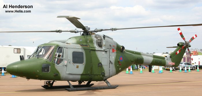 Helicopter Westland Lynx AH1 Serial 136 Register XZ215 used by Army Air Corps AAC (British Army). Built 1979. Aircraft history and location