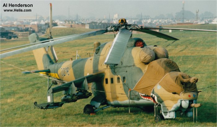 Helicopter Mil mi-24d Serial 340216 Register 0216 used by Vzdušné síly AČR (Czech Air Force) ,Ceskoslovenske VoJenske Letectvo (Czechoslovak army air force). Aircraft history and location