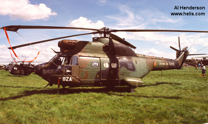 Helicopter Aerospatiale SA330B Puma Serial 1063 Register 1063 used by Aviation Légère de l'Armée de Terre ALAT (French Army Light Aviation). Aircraft history and location