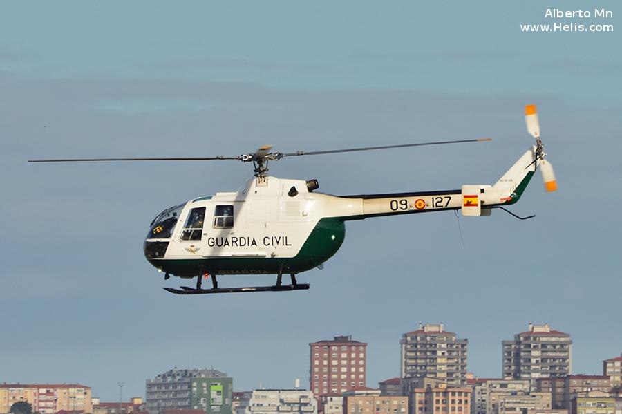 Helicopter MBB Bo105 Serial S-518 Register HR.15-68 HU.15-68 used by Fuerzas Aeromóviles del Ejército de Tierra FAMET (Spanish Army Aviation) ,Guardia Civil (Spanish Military Police). Aircraft history and location
