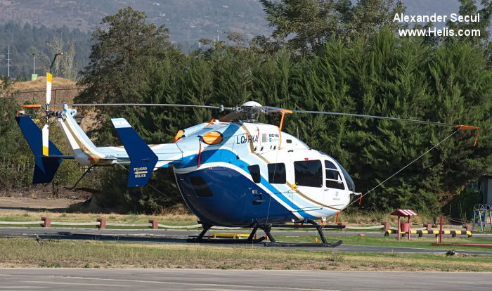 Helicopter Eurocopter EC145 Serial 9568 Register LQ-FKA used by Gobiernos Provinciales Gobierno de Santiago del Estero (Santiago del Estero Province Government). Built 2012. Aircraft history and location