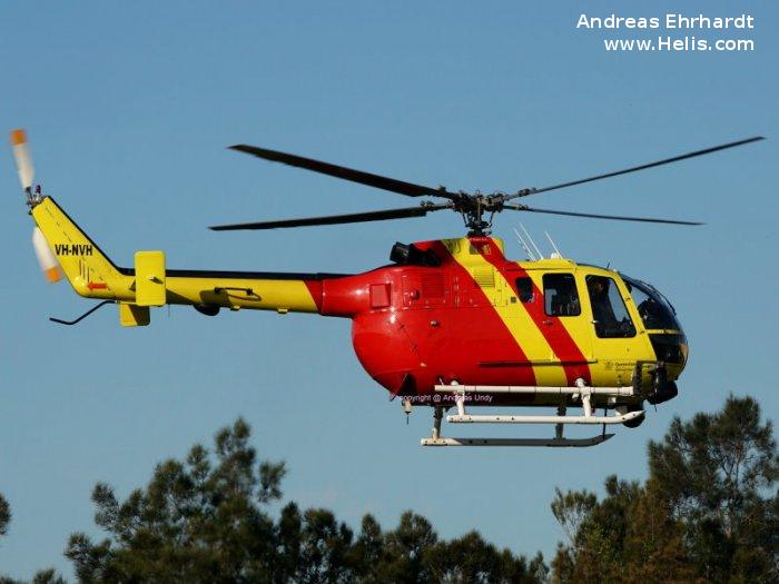 Helicopter MBB Bo105CBS-5 Serial S-923 Register VH-NVH D-HGSP used by Australia Police ,Australia Air Ambulances SLSQ (Surf Life Saving Queensland) ,Bundesministerium des Innern BMI (Federal Ministry of the Interior). Built 1996. Aircraft history and location