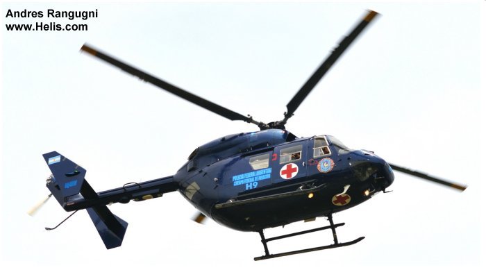 Helicopter Eurocopter BK117C-1 Serial 7512 Register LQ-WJW used by Policia Federal Argentina PFA (Argentine Federal Police). Built 1995. Aircraft history and location