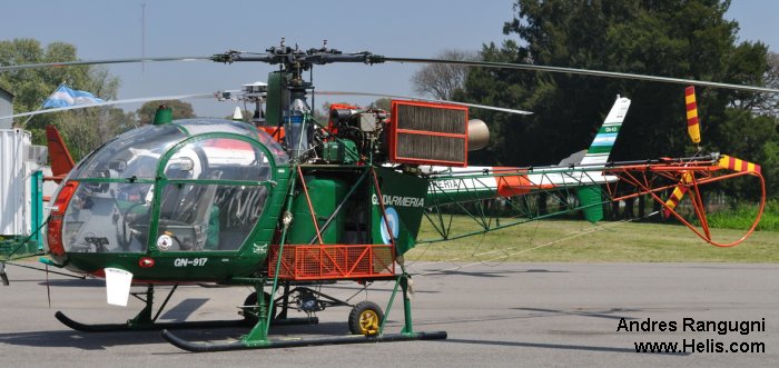 Helicopter Aerospatiale SA315B Lama Serial 2600 Register GN-917 used by Fuerza Aerea Argentina FAA (Argentine Air Force) ,Gendarmeria Nacional Argentina GNA (Argentine Gendarmerie). Aircraft history and location