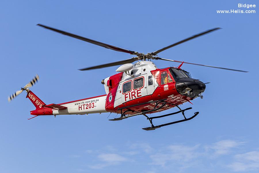 Helicopter Bell 412EP Serial 36174 Register VH-VJD JA821F N5609J used by Local Governments NSW RFS (NSW Rural Fire Service) ,Coulson Aircrane ,Fire and Disaster Management Agency FDMA Fukushima Prefecture Disaster Prevention Air Corps ,Bell Helicopter. Built 1997. Aircraft history and location