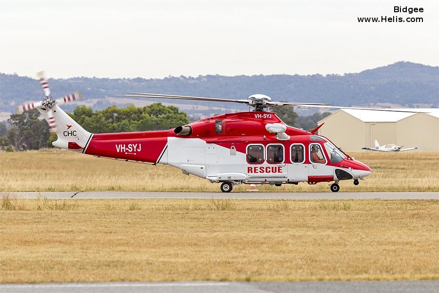 Helicopter AgustaWestland AW139 Serial 31114 Register VH-SYJ used by Royal Australian Air Force RAAF ,Australia Air Ambulances NSW Ambulance ,CHC Helicopters Australia. Built 2007. Aircraft history and location