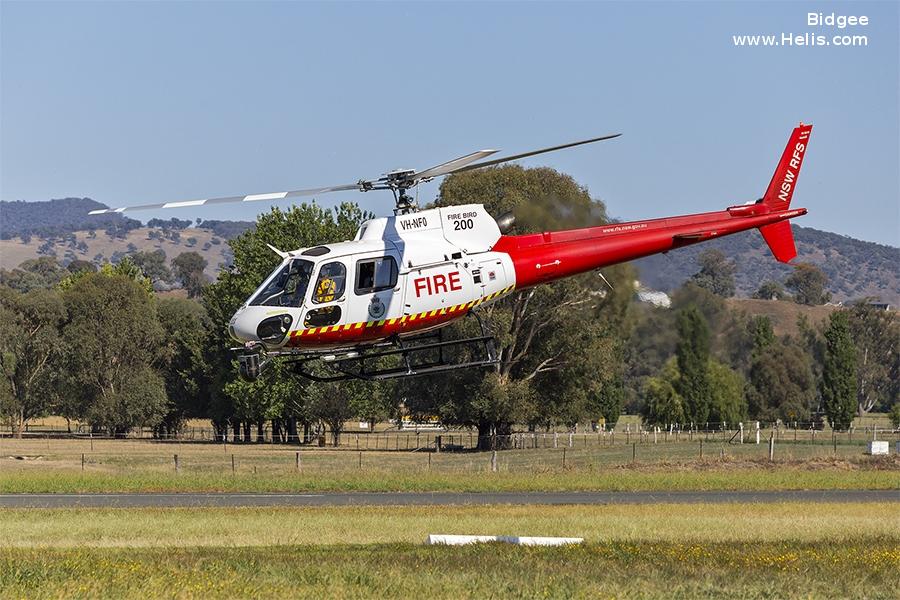 Helicopter Aerospatiale AS350B Ecureuil Serial 1823 Register VH-NFO used by Local Governments NSW RFS (NSW Rural Fire Service) ,Helitreck Helicopters Kareela Aviation. Built 1985. Aircraft history and location