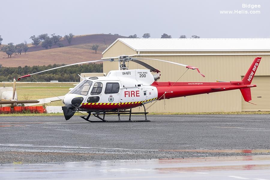 Helicopter Aerospatiale AS350B Ecureuil Serial 1823 Register VH-NFO used by Local Governments NSW RFS (NSW Rural Fire Service) ,Helitreck Helicopters Kareela Aviation. Built 1985. Aircraft history and location