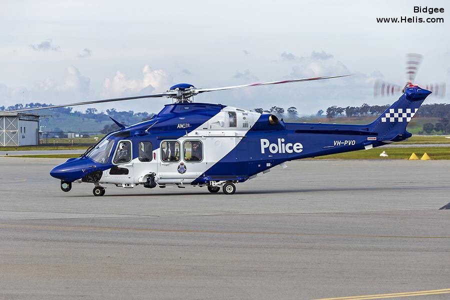 Helicopter AgustaWestland AW139 Serial 31878 Register VH-PVO used by Australia Police ,StarFlight Australia. Built 2019. Aircraft history and location