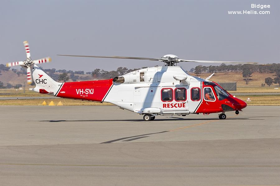Helicopter AgustaWestland AW139 Serial 31114 Register VH-SYJ used by Royal Australian Air Force RAAF ,Australia Air Ambulances NSW Ambulance ,CHC Helicopters Australia. Built 2007. Aircraft history and location