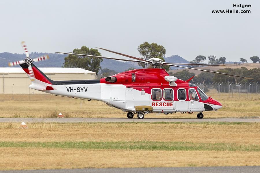 Helicopter AgustaWestland AW139 Serial 31126 Register VH-SYV used by Royal Australian Air Force RAAF ,Australia Air Ambulances NSW Ambulance ,CHC Helicopters Australia. Built 2008. Aircraft history and location