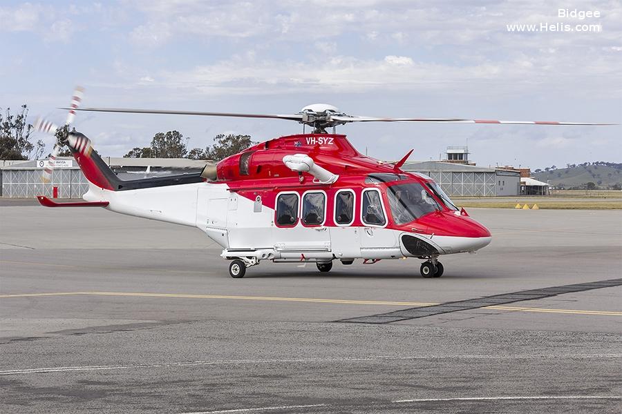 Helicopter AgustaWestland AW139 Serial 31155 Register VH-SYZ used by Royal Australian Air Force RAAF ,Australia Air Ambulances NSW Ambulance ,CHC Helicopters Australia. Built 2009. Aircraft history and location