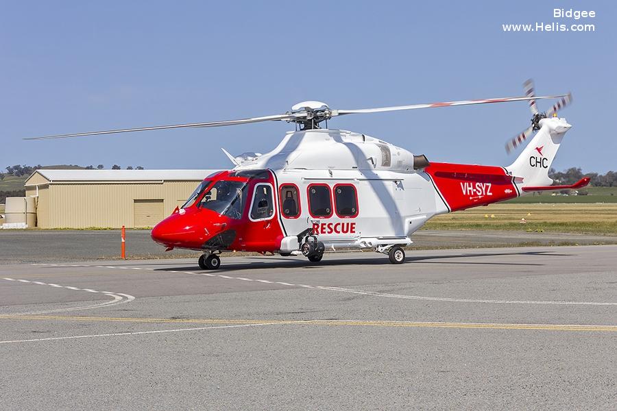 Helicopter AgustaWestland AW139 Serial 31155 Register VH-SYZ used by Royal Australian Air Force RAAF ,Australia Air Ambulances NSW Ambulance ,CHC Helicopters Australia. Built 2009. Aircraft history and location