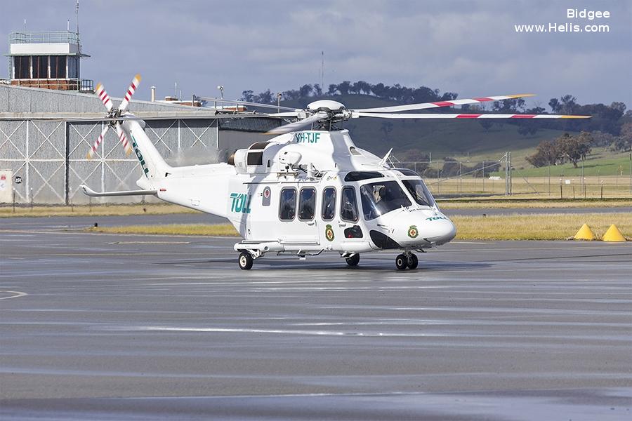 Helicopter AgustaWestland AW139 Serial 31710 Register VH-TJF used by Australia Air Ambulances ,Toll Group ,Helicorp Pty Ltd. Built 2015. Aircraft history and location