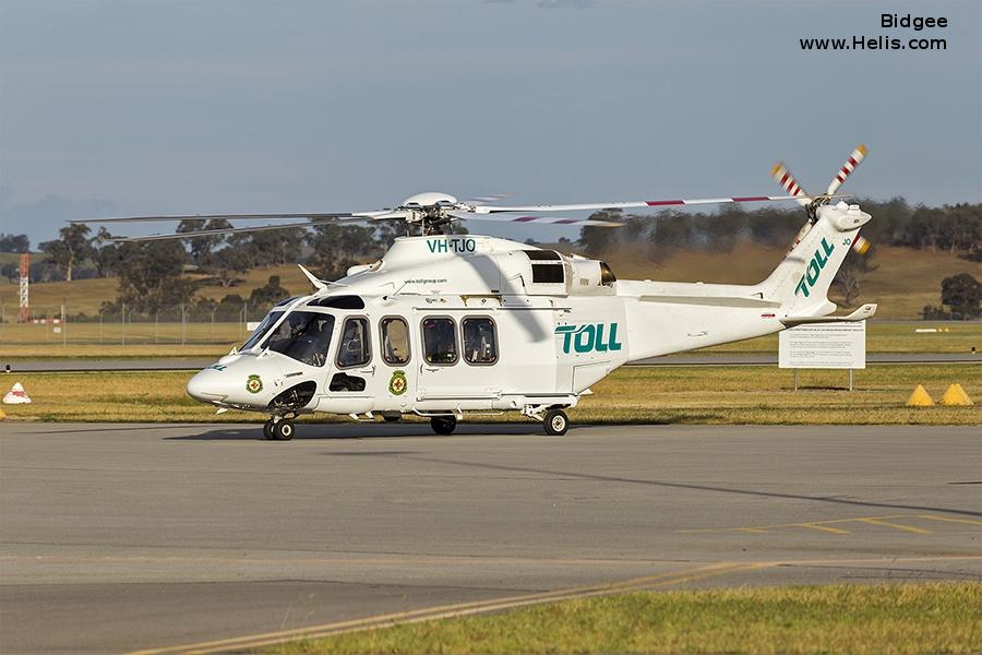 Helicopter AgustaWestland AW139 Serial 31740 Register VH-TJO used by Australia Air Ambulances ,Toll Group ,Helicorp Pty Ltd. Built 2016. Aircraft history and location