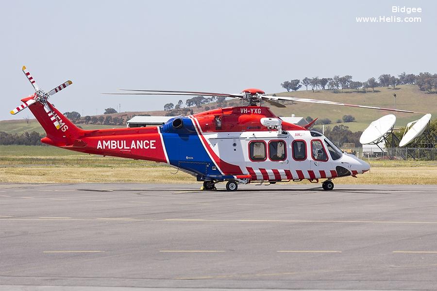 Helicopter AgustaWestland AW139 Serial 31606 Register VH-YXG used by Australia Air Ambulances Air Ambulance Victoria ,Australian Helicopters AHPL. Built 2015. Aircraft history and location