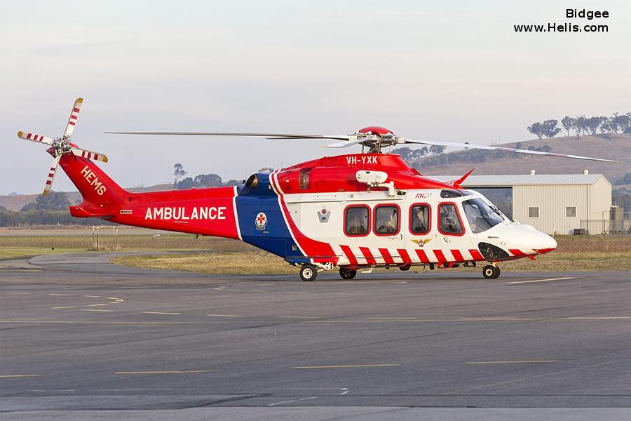 Helicopter AgustaWestland AW139 Serial 31624 Register VH-YXK used by Australia Air Ambulances Air Ambulance Victoria ,Australian Helicopters AHPL. Built 2016. Aircraft history and location