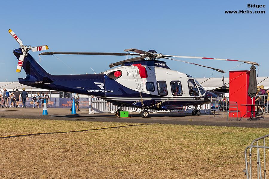 Helicopter AgustaWestland AW169 Serial 69034 Register VH-UMN VH-FOX used by Linfox. Built 2017. Aircraft history and location