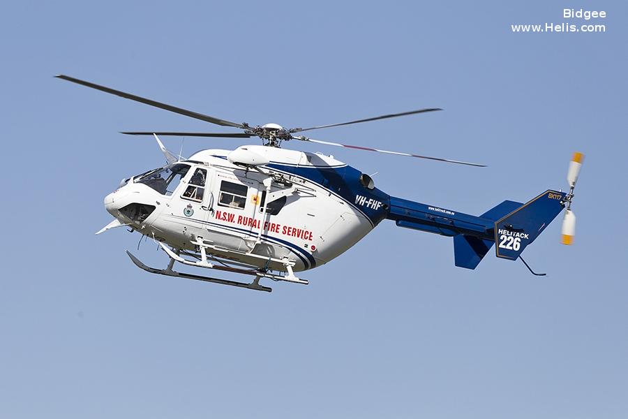 Helicopter Kawasaki BK117B-1 Serial 1093 Register VH-FHF B-55503 JA6674 used by Local Governments NSW RFS (NSW Rural Fire Service) ,Daily Air Corp. Built 1991. Aircraft history and location