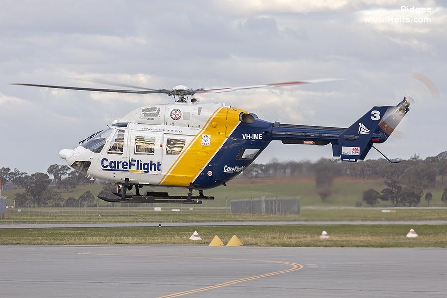 Helicopter Kawasaki BK117B-1 Serial 1097 Register VH-IME JA6684 used by Australia Air Ambulances CareFlight New South Wales ,NSW Ambulance. Built 1991. Aircraft history and location