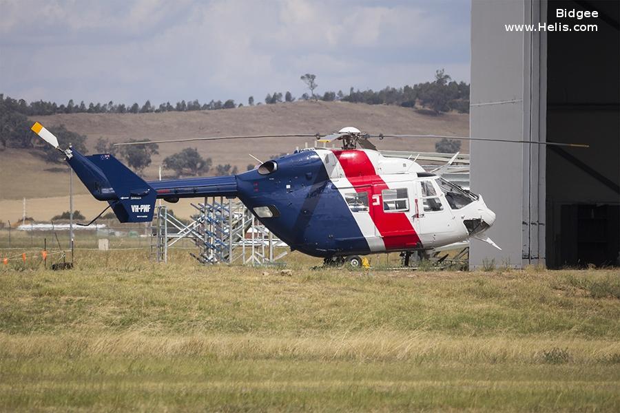 Helicopter Kawasaki BK117B-1 Serial 1043 Register VH-VRQ VH-PNF VH-PHZ VH-RLY JA9985 used by Local Governments NSW RFS (NSW Rural Fire Service) ,Australia Police. Built 1990. Aircraft history and location