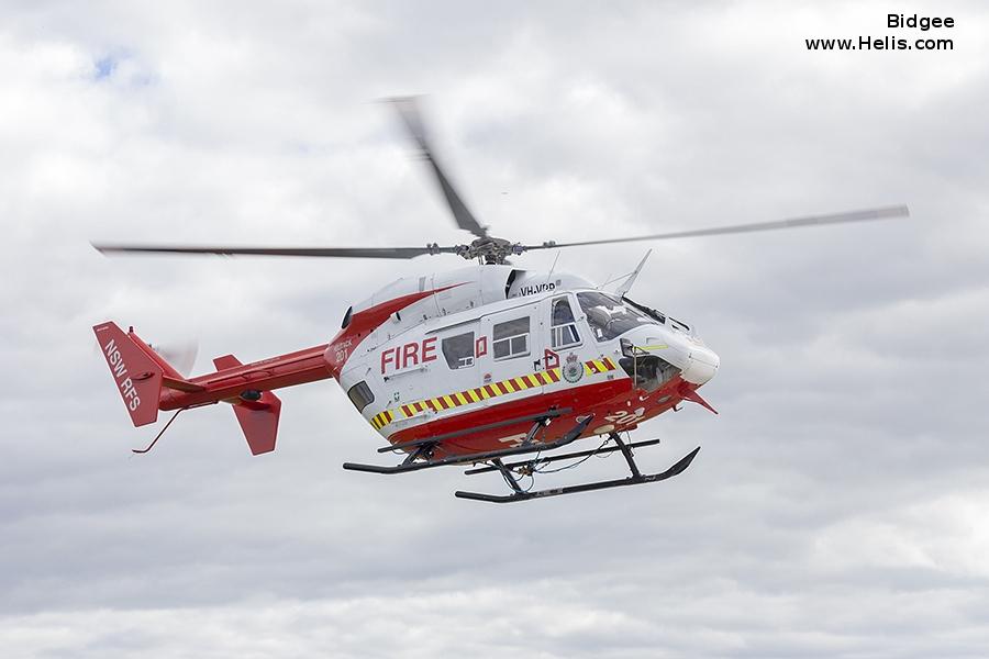 Helicopter Kawasaki BK117B-1 Serial 1057 Register VH-VRP B-55501 ZK-HIC JA6622 used by Local Governments NSW RFS (NSW Rural Fire Service) ,Australian Helicopters AHPL ,Daily Air Corp. Built 1990. Aircraft history and location