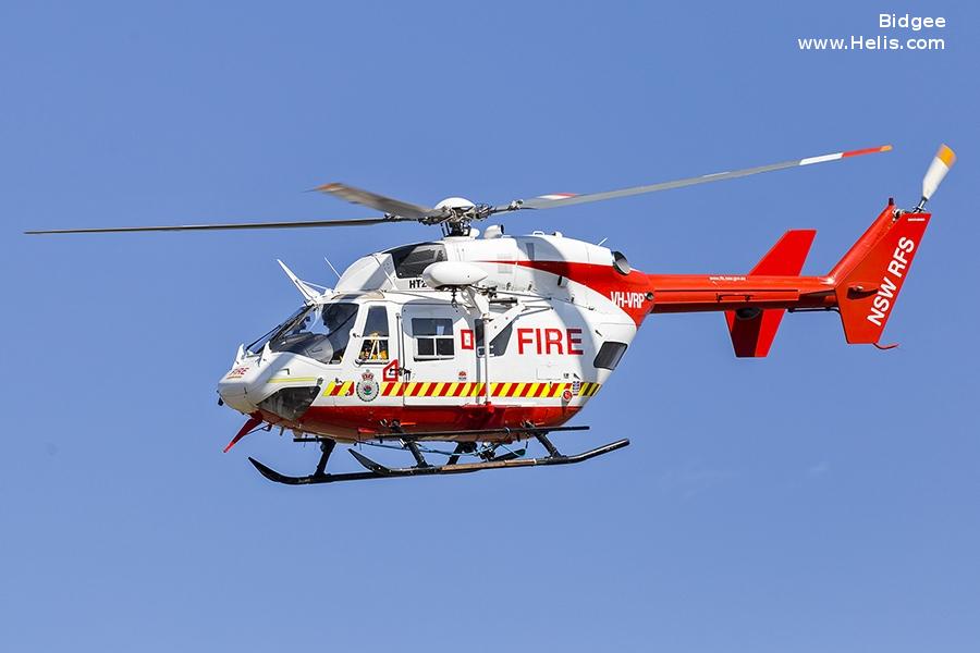 Helicopter Kawasaki BK117B-1 Serial 1057 Register VH-VRP B-55501 ZK-HIC JA6622 used by Local Governments NSW RFS (NSW Rural Fire Service) ,Australian Helicopters AHPL ,Daily Air Corp. Built 1990. Aircraft history and location