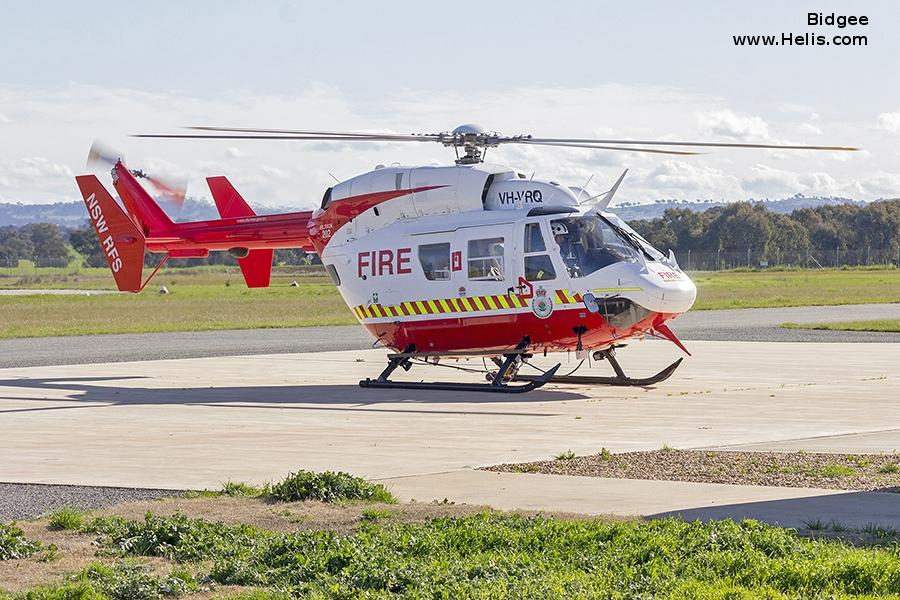 Helicopter Kawasaki BK117B-1 Serial 1043 Register VH-VRQ VH-PNF VH-PHZ VH-RLY JA9985 used by Local Governments NSW RFS (NSW Rural Fire Service) ,Australia Police. Built 1990. Aircraft history and location