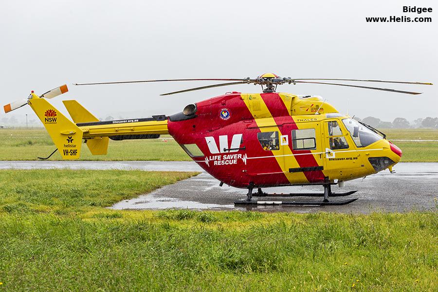 Helicopter Kawasaki BK117C-1 Serial 1124 Register VH-SHF JA21YA used by Australia Air Ambulances WRHS (Westpac Life Saver Rescue Helicopter Service) ,Fire and Disaster Management Agency FDMA Yamaguchi Prefecture Disaster Prevention Air Corps. Built 2000. Aircraft history and location